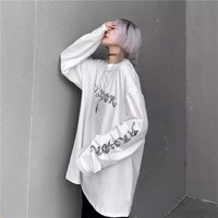 White Dark Anime Girl Cartoon Print Long Sleeve White T-Shirt Oversize Loose Vintage Goth  Aesthetic E-Girl Kawaii Korean Japanese Harajuku Streetwear - Thumbnail 2