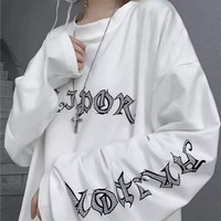 White Dark Anime Girl Cartoon Print Long Sleeve White T-Shirt Oversize Loose Vintage Goth  Aesthetic E-Girl Kawaii Korean Japanese Harajuku Streetwear - Thumbnail 3