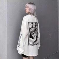 White Dark Anime Girl Cartoon Print Long Sleeve White T-Shirt Oversize Loose Vintage Goth  Aesthetic E-Girl Kawaii Korean Japanese Harajuku Streetwear - Thumbnail 5
