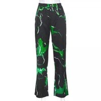 Cute Retro Vintage 90s Funky Lightning High Waisted Cargo Trousers Pants Colorful Print Aesthetic E-Girl Kawaii Korean Japanese Harajuku Streetwear - Thumbnail 4