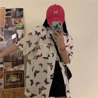 Cute Vintage White Butterfly Print Button Up Pocket Blouse Short Sleeve Shirt Top Loose Aesthetic E-Girl Kawaii Korean Japanese Harajuku Streetwear - Thumbnail 2