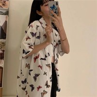 Cute Vintage White Butterfly Print Button Up Pocket Blouse Short Sleeve Shirt Top Loose Aesthetic E-Girl Kawaii Korean Japanese Harajuku Streetwear - Thumbnail 3