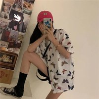 Cute Vintage White Butterfly Print Button Up Pocket Blouse Short Sleeve Shirt Top Loose Aesthetic E-Girl Kawaii Korean Japanese Harajuku Streetwear - Thumbnail 4