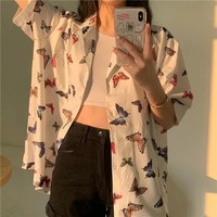 Cute Vintage White Butterfly Print Button Up Pocket Blouse Short Sleeve Shirt Top Loose Aesthetic E-Girl Kawaii Korean Japanese Harajuku Streetwear - Thumbnail 6