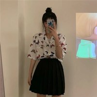 Cute Vintage White Butterfly Print Button Up Pocket Blouse Short Sleeve Shirt Top Loose Aesthetic E-Girl Kawaii Korean Japanese Harajuku Streetwear - Thumbnail 8