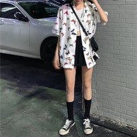 Cute Vintage White Butterfly Print Button Up Pocket Blouse Short Sleeve Shirt Top Loose Aesthetic E-Girl Kawaii Korean Japanese Harajuku Streetwear - Thumbnail 9