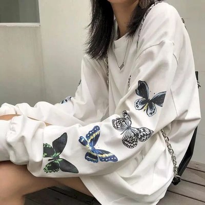 Cute Vintage White Butterfly Print Long Sleeve Shirt Sweatshirt Loose Oversized Autumn Aesthetic E-Girl Kawaii Korean Japanese Harajuku Streetwear