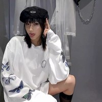 Cute Vintage White Butterfly Print Long Sleeve Shirt Sweatshirt Loose Oversized Autumn Aesthetic E-Girl Kawaii Korean Japanese Harajuku Streetwear - Thumbnail 1