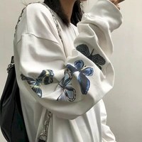 Cute Vintage White Butterfly Print Long Sleeve Shirt Sweatshirt Loose Oversized Autumn Aesthetic E-Girl Kawaii Korean Japanese Harajuku Streetwear - Thumbnail 8