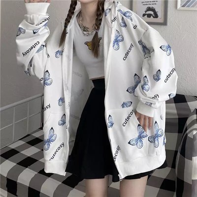Cute Vintage Butterfly Print Oversize Zipper Hoodie Long Sleeve Pullover Jumper Autumn Aesthetic E-Girl Kawaii Korean Japanese Harajuku Streetwear