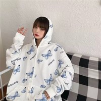 Cute Vintage Butterfly Print Oversize Zipper Hoodie Long Sleeve Pullover Jumper Autumn Aesthetic E-Girl Kawaii Korean Japanese Harajuku Streetwear - Thumbnail 1
