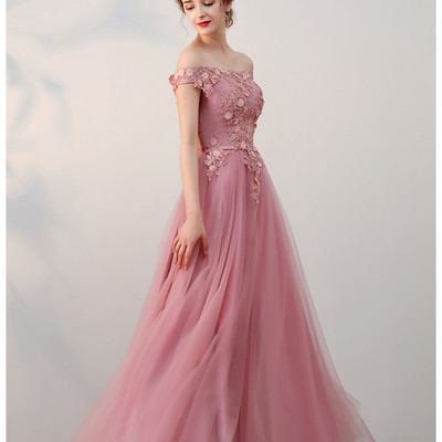 Chic a-line off-the-shoulder pink applique tulle modest long prom dress evening dress,989