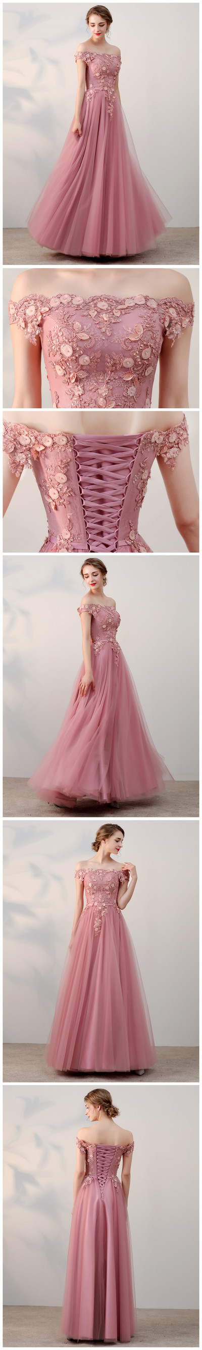 Chic A-line Off-the-shoulder pink Applique Tulle Modest Long Prom Dress Evening Dress,989