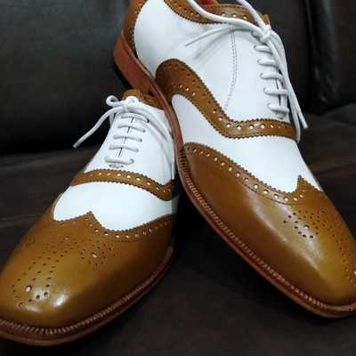 Classic hand stitch white brown wingtip brogue lace up dress shoes