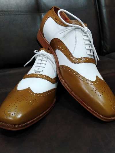 Classic Hand Stitch White Brown Wingtip Brogue Lace Up Dress Shoes