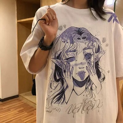 Cute White Elf Anime Girl Cartoon Print Short Sleeve T-shirt Top Oversize Loose Goth Punk Aesthetic E-Girl Kawaii Korean Japanese Harajuku Streetwear