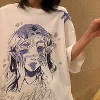 Cute White Elf Anime Girl Cartoon Print Short Sleeve T-shirt Top Oversize Loose Goth Punk Aesthetic E-Girl Kawaii Korean Japanese Harajuku Streetwear - Thumbnail 1