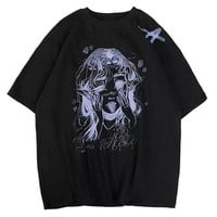 Cute White Elf Anime Girl Cartoon Print Short Sleeve T-shirt Top Oversize Loose Goth Punk Aesthetic E-Girl Kawaii Korean Japanese Harajuku Streetwear - Thumbnail 3