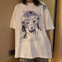 Cute White Elf Anime Girl Cartoon Print Short Sleeve T-shirt Top Oversize Loose Goth Punk Aesthetic E-Girl Kawaii Korean Japanese Harajuku Streetwear - Thumbnail 4