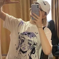 Cute White Elf Anime Girl Cartoon Print Short Sleeve T-shirt Top Oversize Loose Goth Punk Aesthetic E-Girl Kawaii Korean Japanese Harajuku Streetwear - Thumbnail 7