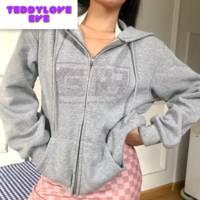 Cute Retro 90s Rhinestone Bling Crystal Zipper Hoodie Long Sleeve Pullover Jumper Sweater  Aesthetic E-Girl Kawaii Korean Japanese Harajuku Streetwear - Thumbnail 5