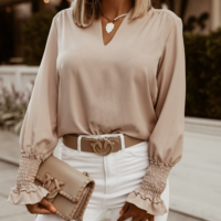 Solid Color V-Neck Women'S Long-Sleeved Shirt - Thumbnail 2