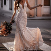 Mermaid V Neck Lace Wedding Dress Bride Dress 2021,476 - Thumbnail 1