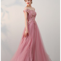 Chic A-line Off-the-shoulder pink Applique Tulle Modest Long Prom Dress Evening Dress,482 - Thumbnail 1