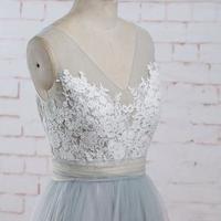 Chic A-line V-neck Light Blue Tulle Applique Modest Long Prom Dress Bridal Gowns,483 - Thumbnail 1