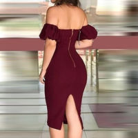 One-Shoulder Puff Sleeve Tight Dress - Thumbnail 2