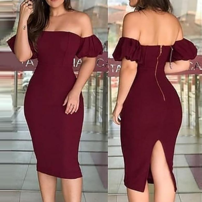 One-shoulder puff sleeve tight dress - Thumbnail 5