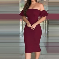 One-Shoulder Puff Sleeve Tight Dress - Thumbnail 1