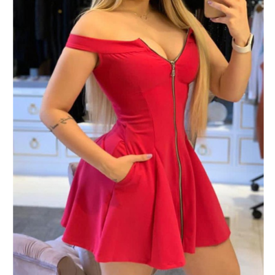 Red one-shoulder zipper dress - Thumbnail 4