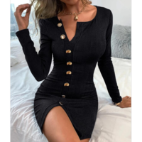 Slim Sexy Split Knit Long Sleeve Dress - Thumbnail 1