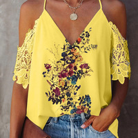 Women Lace V-Neck Open Back Short Sleeve Printed Shirt Top - Thumbnail 2