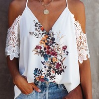 Women Lace V-Neck Open Back Short Sleeve Printed Shirt Top - Thumbnail 3