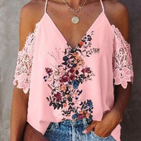 Women Lace V-Neck Open Back Short Sleeve Printed Shirt Top - Thumbnail 1