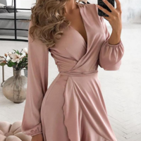 Women'S Pink Long Sleeve Flounced Dress - Thumbnail 1