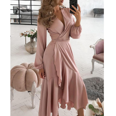 Women'S Pink Long Sleeve Flounced Dress