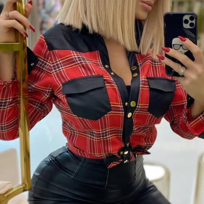 Plaid stitching long-sleeved casual shirt