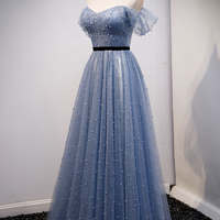 Blue tulle long A line prom dress evening dress - Thumbnail 1