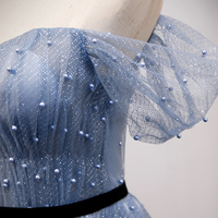 Blue tulle long A line prom dress evening dress - Thumbnail 3