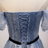 Blue tulle long A line prom dress evening dress - Thumbnail 4