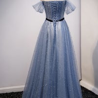Blue tulle long A line prom dress evening dress - Thumbnail 6