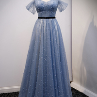 Blue tulle long A line prom dress evening dress - Thumbnail 7