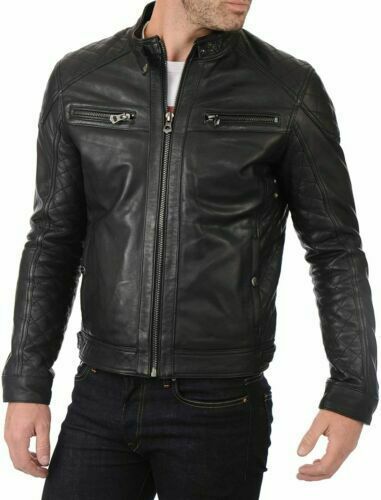 New men's lamb leather 100% leather jacket biker motorcycle stylish quilted black