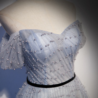 Lovely A line tulle pearl long prom dress evening dress - Thumbnail 1