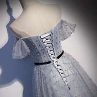 Lovely A line tulle pearl long prom dress evening dress - Thumbnail 2