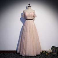 Lovely A line tulle pearl long prom dress evening dress - Thumbnail 5