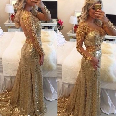 Gold v neck prom dresses with full sleeves - Thumbnail 3